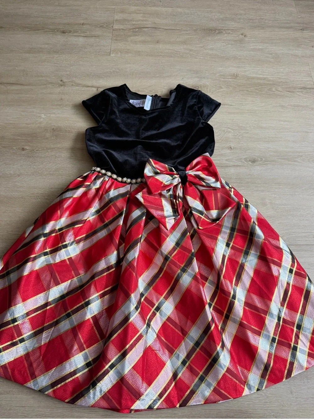 Bonnie Jean Black Velvet And Red Plaid Dress Size 14 Holiday Party